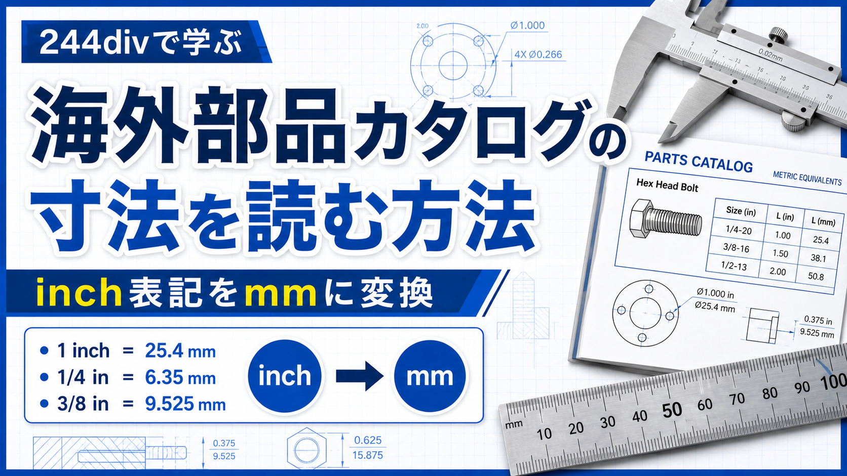 海外部品カタログの寸法を読む方法｜inch表記をmmに変換