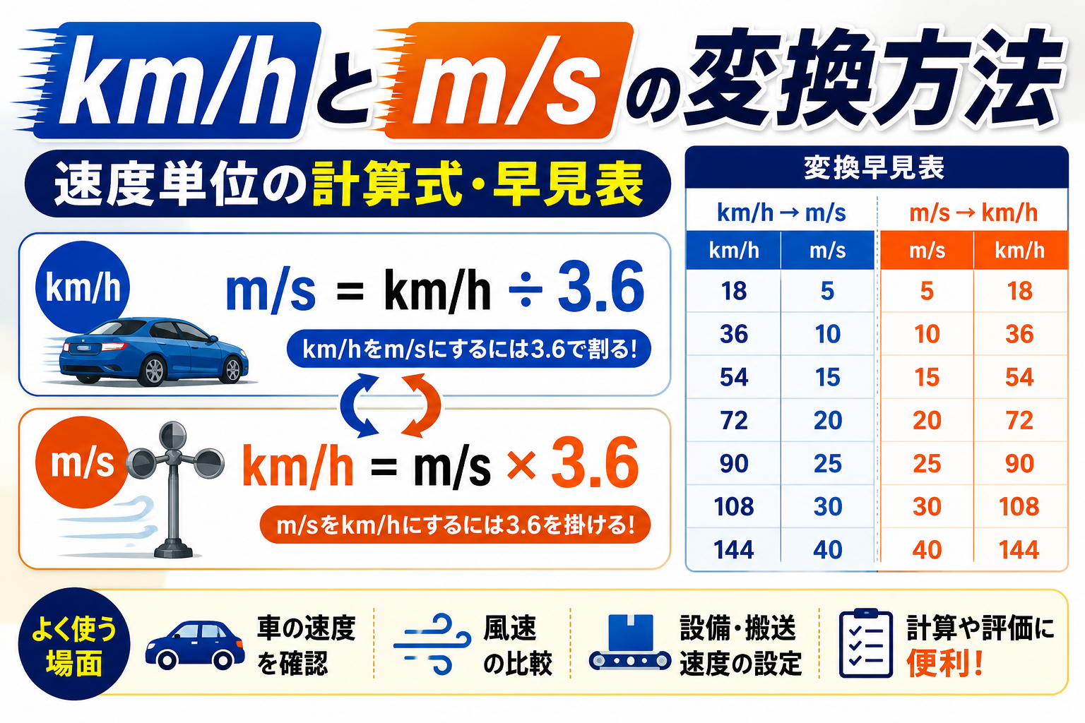 km/hとm/sの変換方法｜速度単位の計算式・早見表