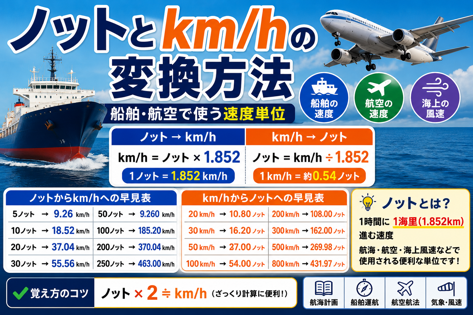 ノットとkm/hの変換方法｜船舶・航空で使う速度単位