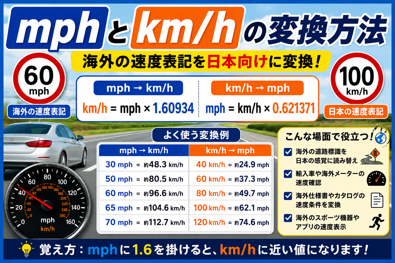 mphとkm/hの変換方法｜海外の速度表記を日本向けに変換