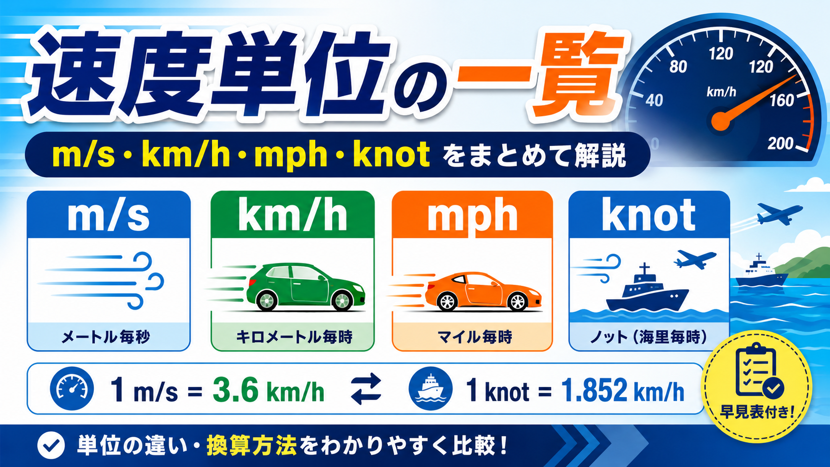 速度単位の一覧｜m/s・km/h・mph・knotをまとめて解説