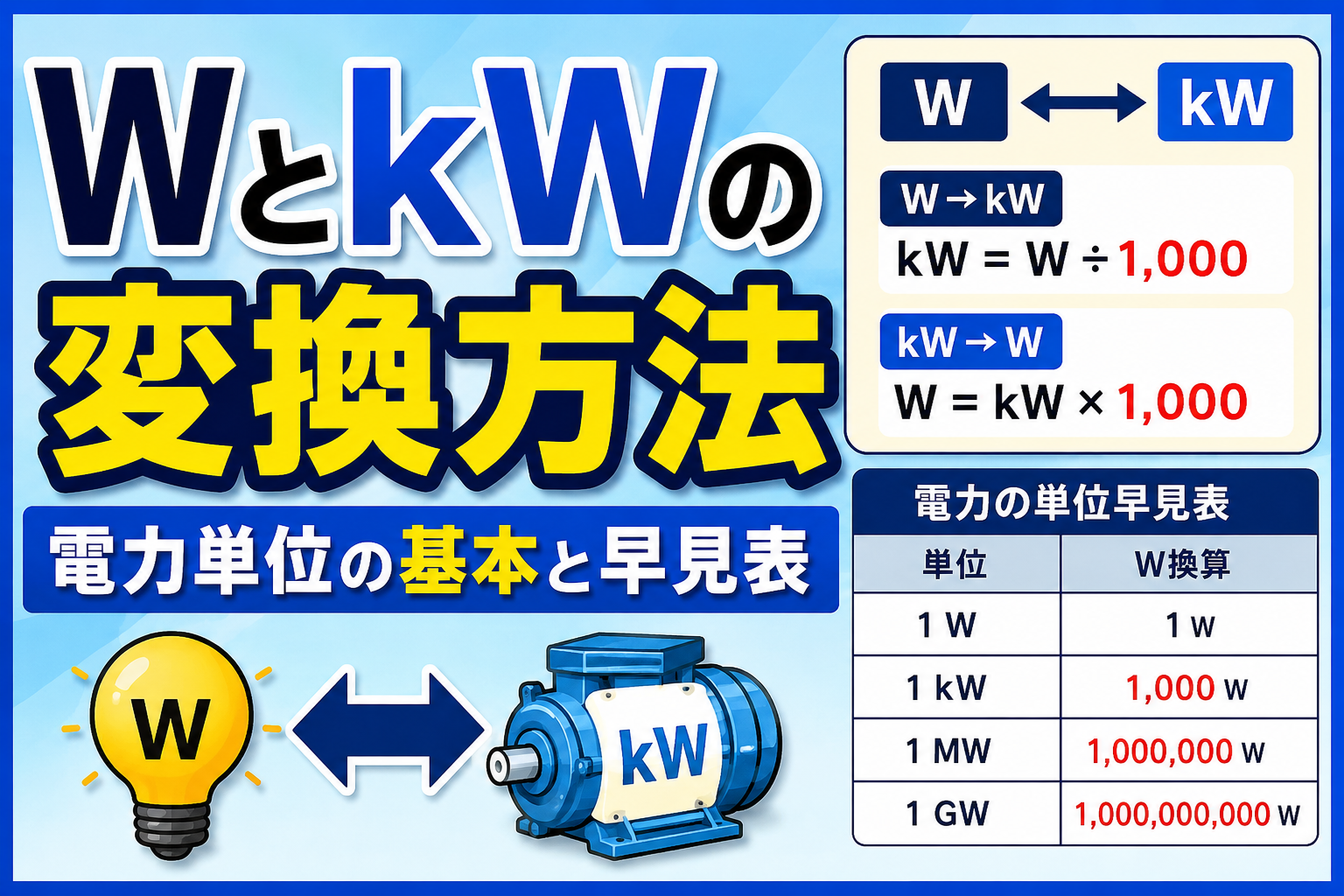 WとkWの変換方法｜電力単位の基本と早見表