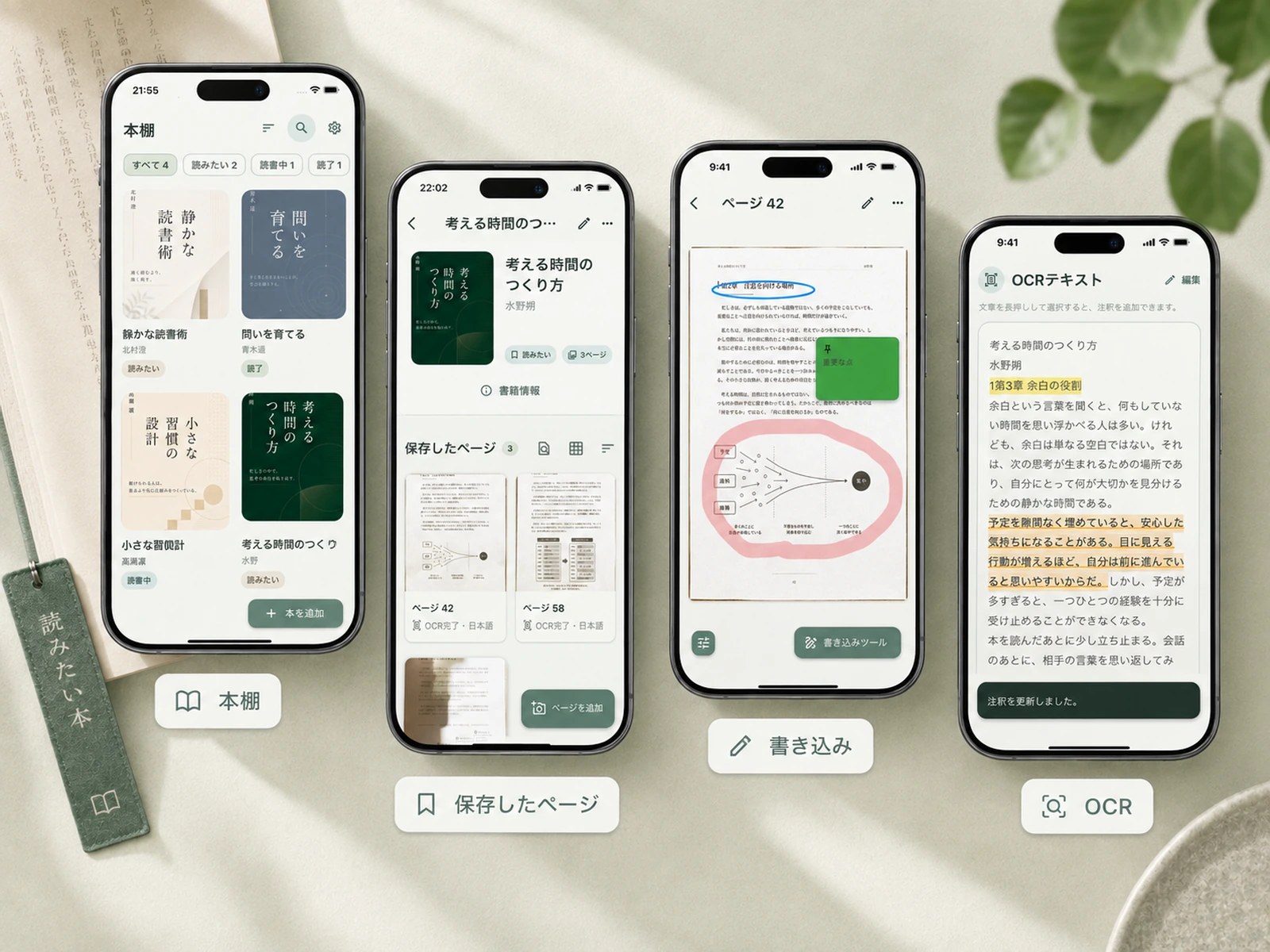 YomuMarkの撮影、OCR、ハイライト、メモ、検索機能を並べたアプリ画面