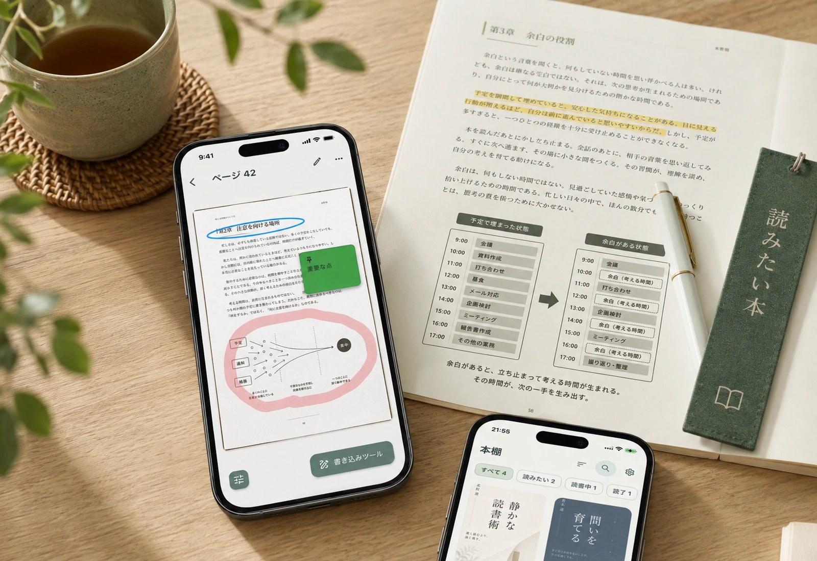 紙の本を読みながらiPhoneのYomuMarkへ読書メモを残している様子
