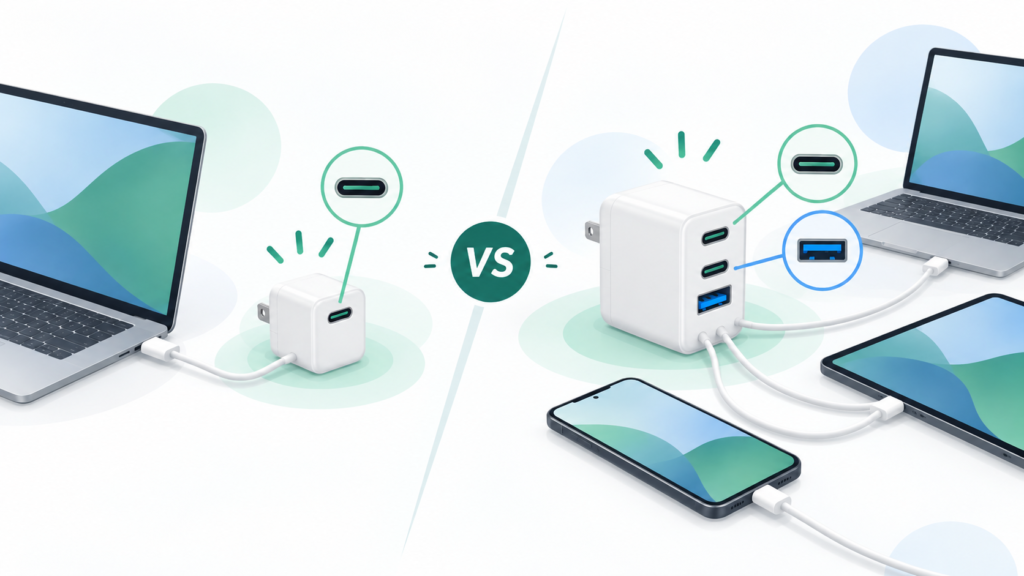 65W USB PD充電器の1台向けと複数台向けの違いを示すイメージ