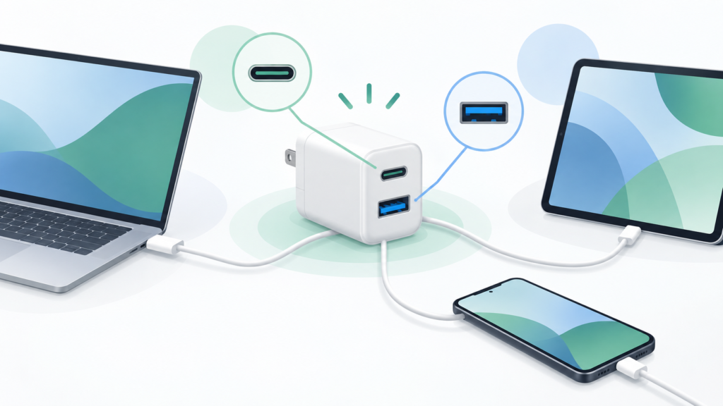 65W USB PD充電器のポート構成と同時充電を比較する図解