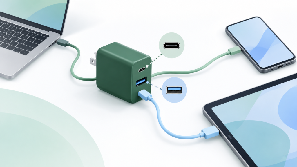 65W USB PD充電器のUSB-C・USB-Aポート構成を比較するイメージ