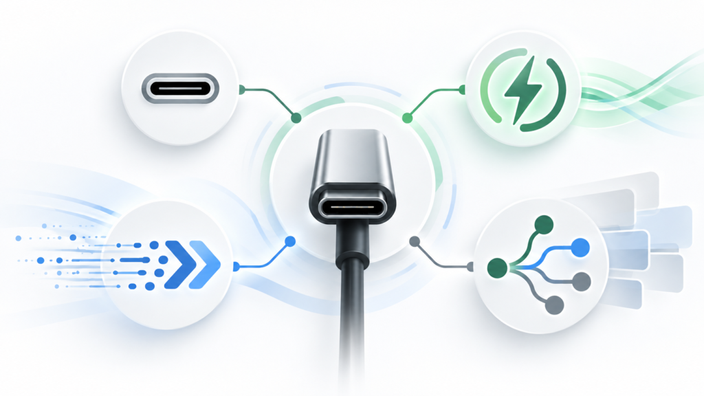 USB-Cと給電・通信仕様の違いを示す図解